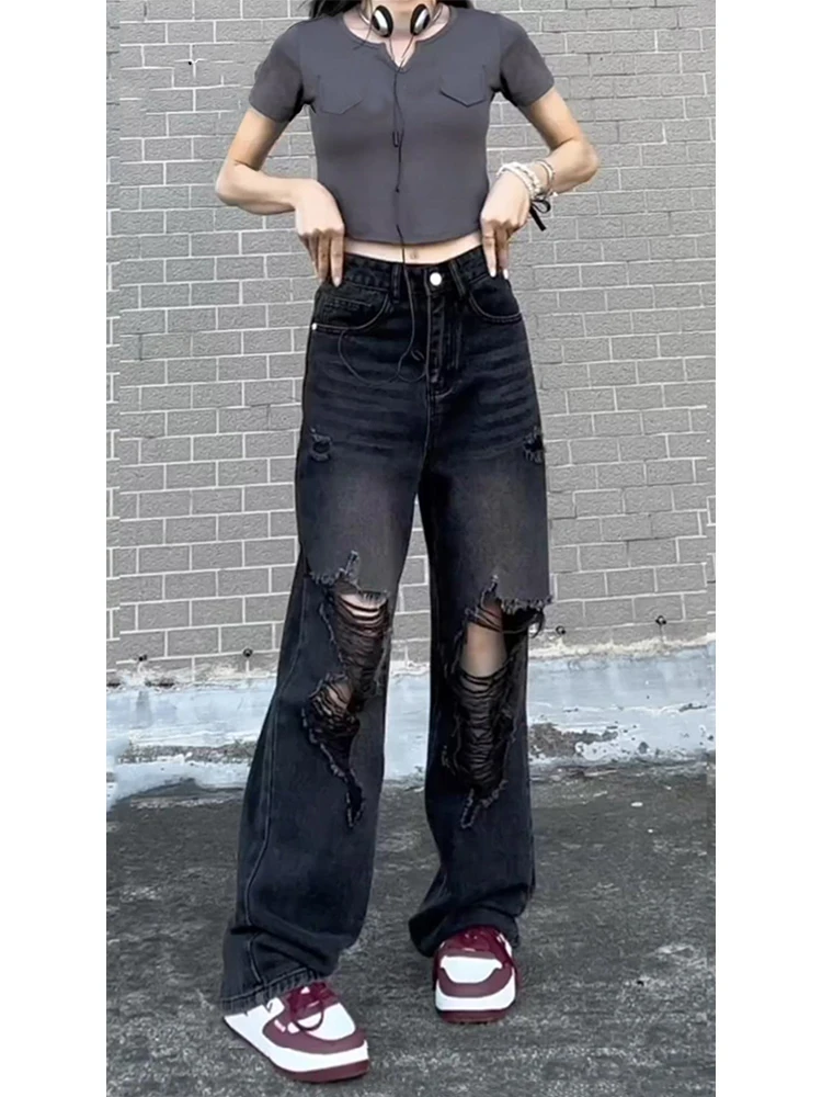 

Мужские джинсы прямого кроя с высокой талией в стиле американского хип-хопа, летние, модные, повседневные, удобные, из денима, для молодежи