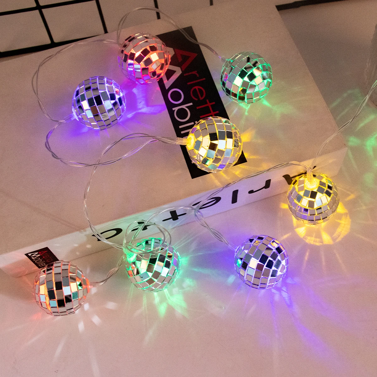 1.5m LED Mirror Ball String Lights Fairy Light Garland Battery Powered for Wedding Birthday DJ bar 70s Disco dance Party Decor