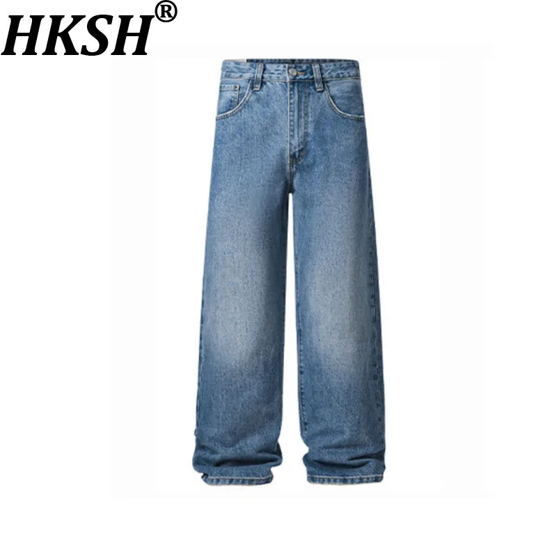 Hksh primavera outono novos homens na moda em linha reta casual elegante jeans chique diário vintage perna larga solta simples calças jeans ins hk11429