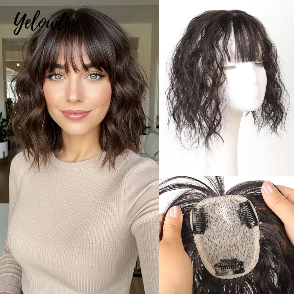 

Yelowtim Synthetic 7*10CM 3D Bangs Invisible Seamless Head Hair Wool-Curled Forehead Bangs 3 Teardrop BB Clips Hand-Woven