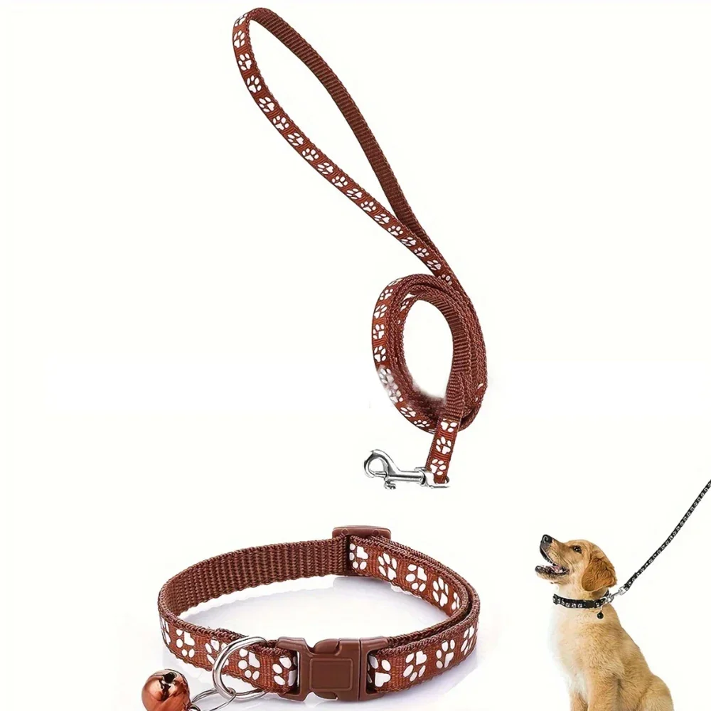 

Reflective Paw Print Dog Leash & Collar Set With Soft Breathable Rope, Adjustable Buckle For All Size Dogs & Cats