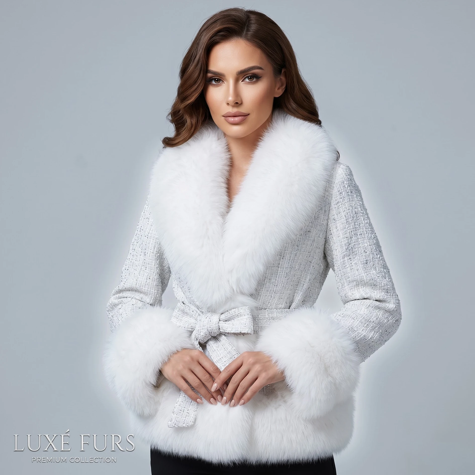 

Women Luxury Natural Fox Fur Trim Tweed Jacket Belted Waist V Neck Short Coat Elegant Ladies Fluffy Fur Collar Cuff Hem Outerwea