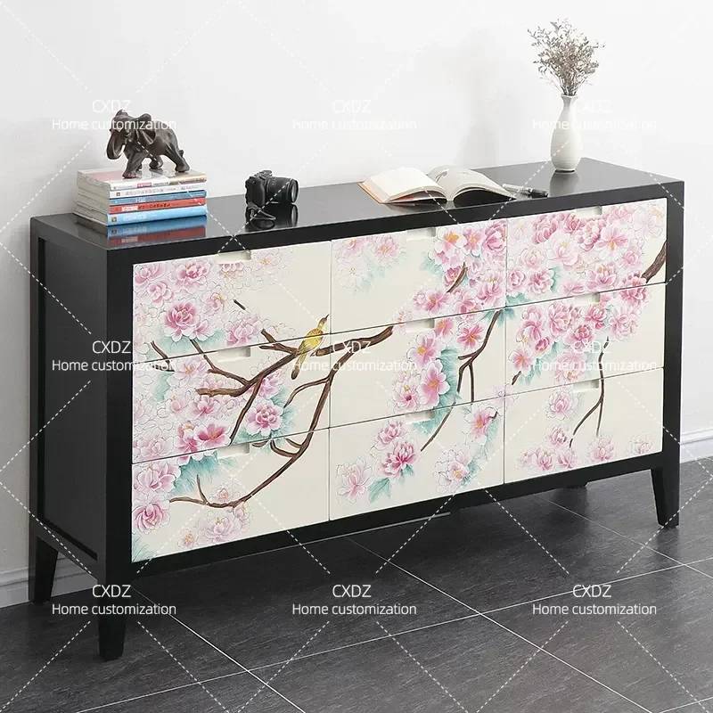 Neoclassical Chinese Style Painted Dining Side Cabinet Solid Wood Storage Chest for Entrance Bedroom Antique Rural Furniture