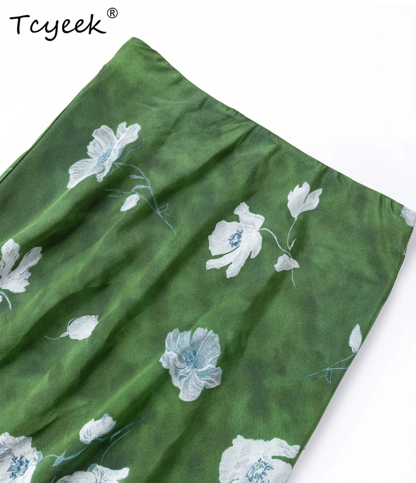 Tcyeek 100% Real Silk Womens Skirts Elegant Skirt for Woman Summer Clothes Mini Bodycon Skirt Print Oblique Cutting Jupe Femme