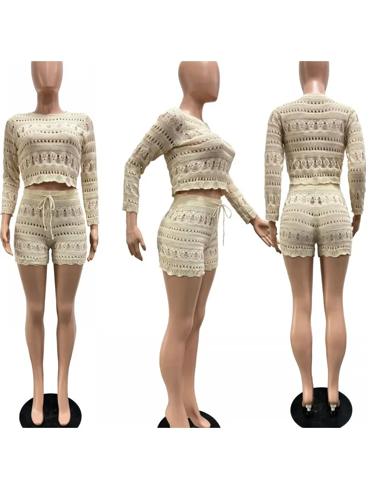 Donne sexy all'uncinetto scava fuori patchwork top abiti moda girocollo pullover pantaloncini corti set estate femminile beach party outfit