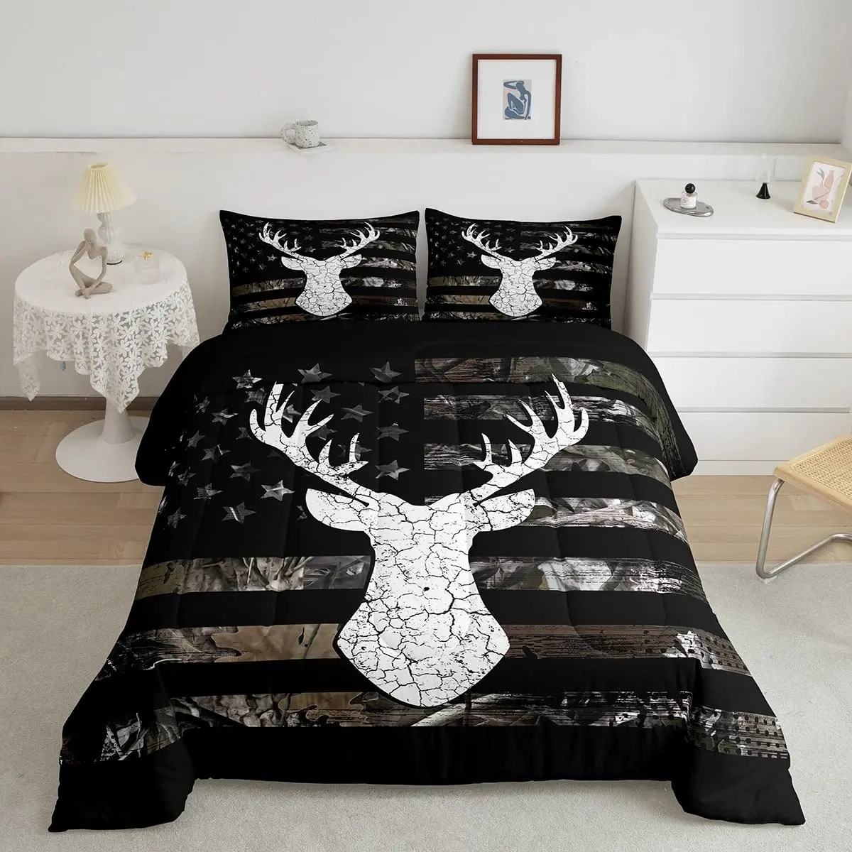 

Deer Hunting Bedding Set Queen American Flag Duvet Cover Queen Size for Boys Teens, Room Decor Full Size with 2 Pillowcases