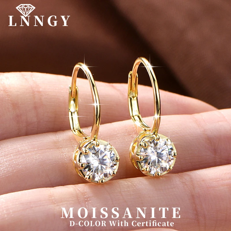 

Сверкающие серьги-кольца Lnngy с сертифицированным GRA муассанитом для женщин, 14-каратное золотое покрытие, 6,5 мм, с одним камнем, ювелирные изделия