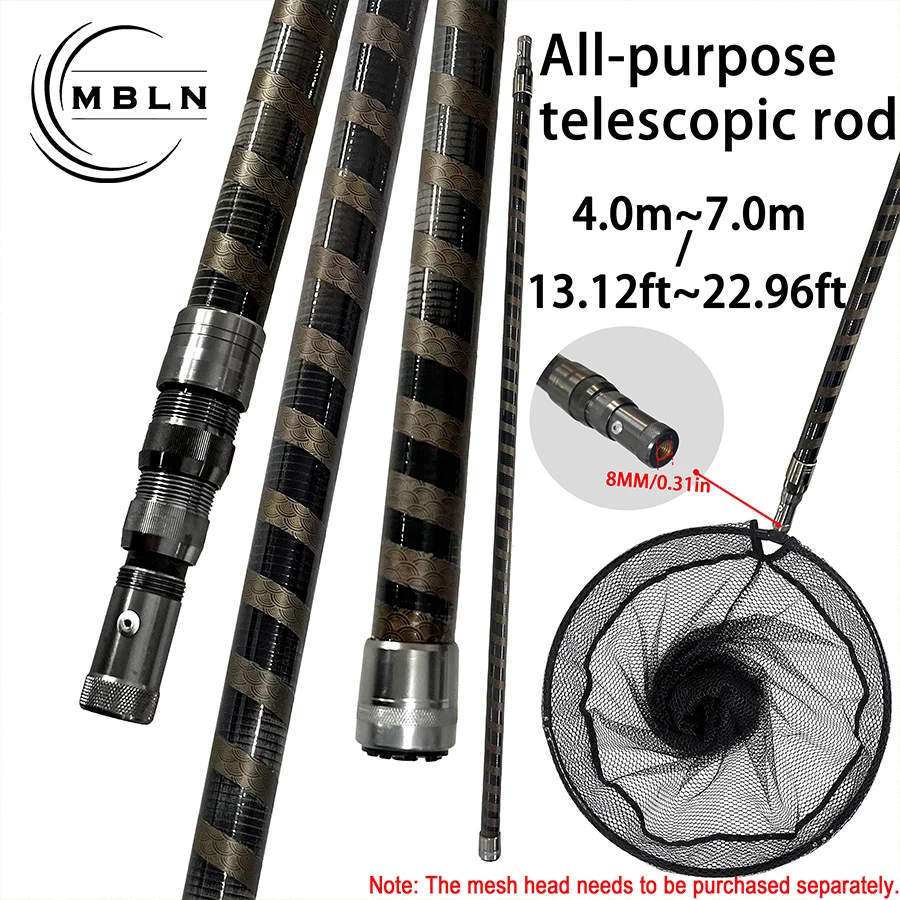 Extra-Long Carbon Fiber Landing Net Poles (4m, 5m, 6m, 7m) with Telescopic Positioning, Suitable for Rock Fishing Boat Fishing