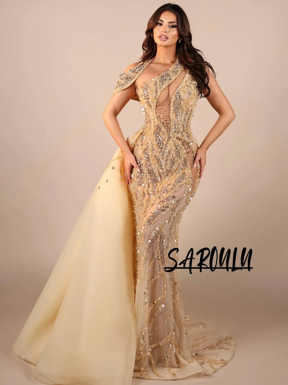 

Sexy Cut Out Evening Dress Luxury Beaded Sequined Mermaid Customized Prom Gown Charming Crystals Banquet Wear With Side Tail