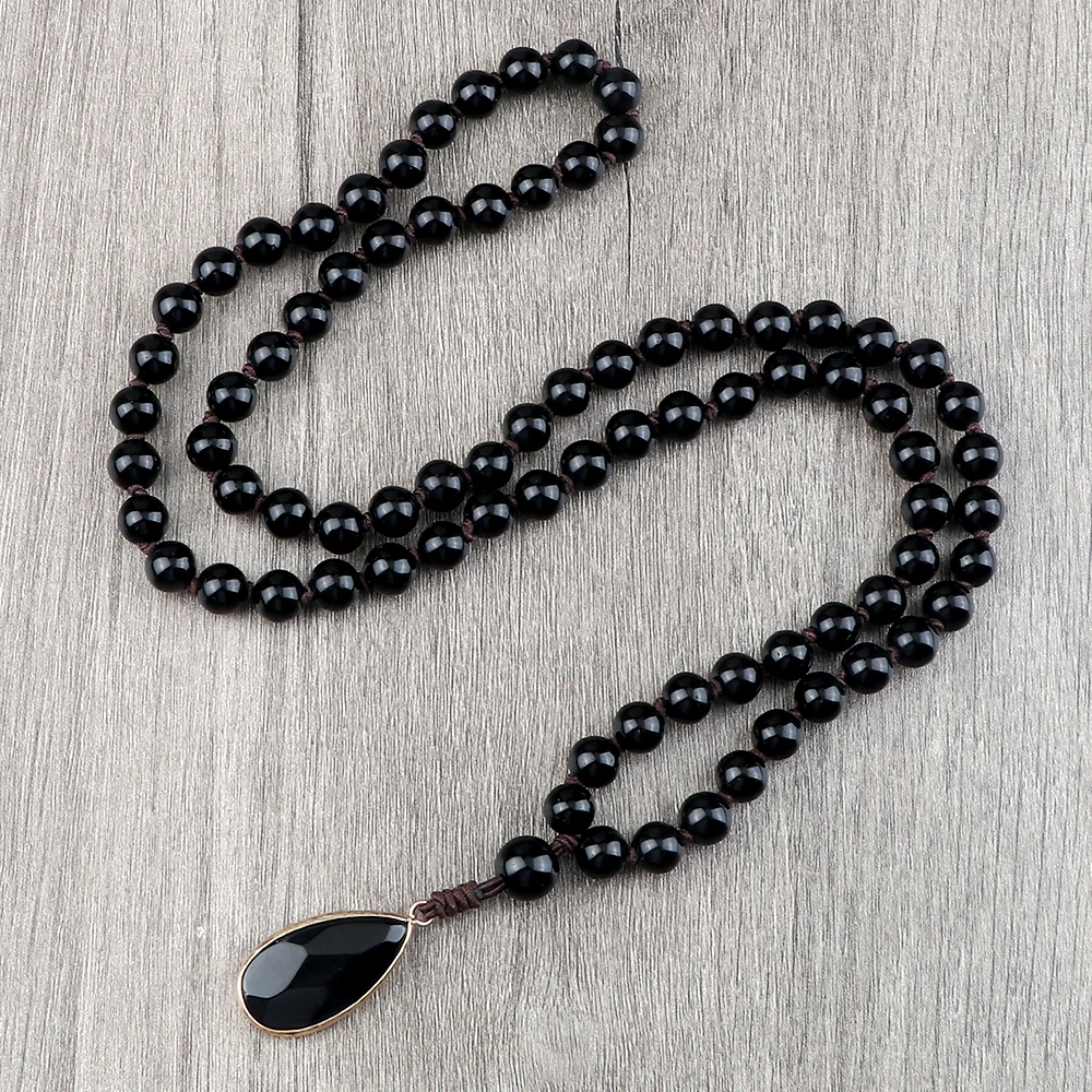 Drop Pendant Men Necklace Handmade Knotted 8mm Shiny Matte Black Onyx Beads Necklace Rosary Women Yoga Meditation Jewelry Gifts