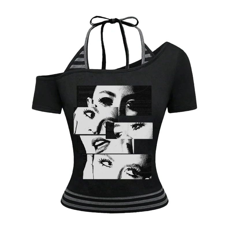 2025 Spring/Summer New European and American Y2K Sexy Temperament Women's T-shirt Gothic Printed Pattern Two Piece Set Strap