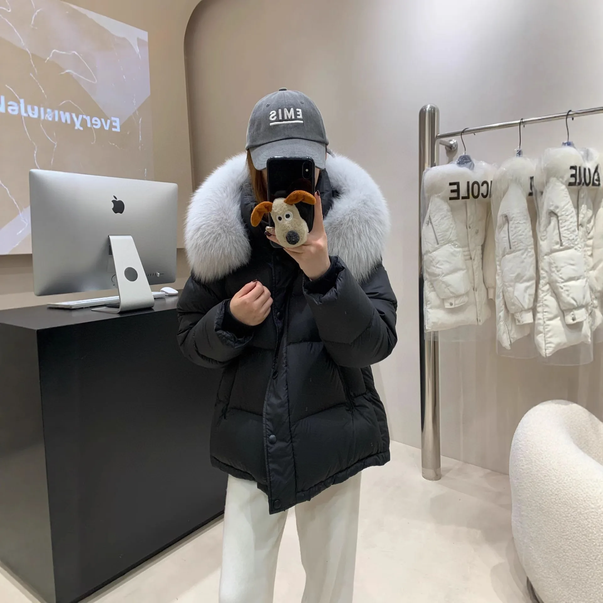 90 pato branco para baixo jaqueta feminina inverno nuvem puff jaqueta com luva grande gola de pele real com capuz engrossado calor para baixo pão casaco