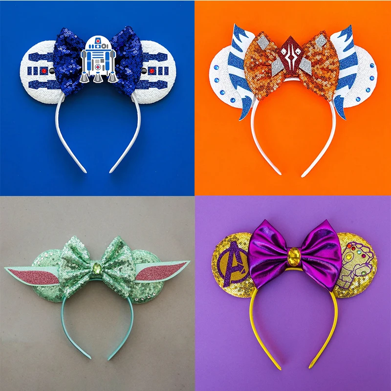 Disney Ears Headbands Women Anime Star Wars Hairbands Friends Sequins Bow Master Yoda Headwear Girls R2-D2 Hair Accessories Kids