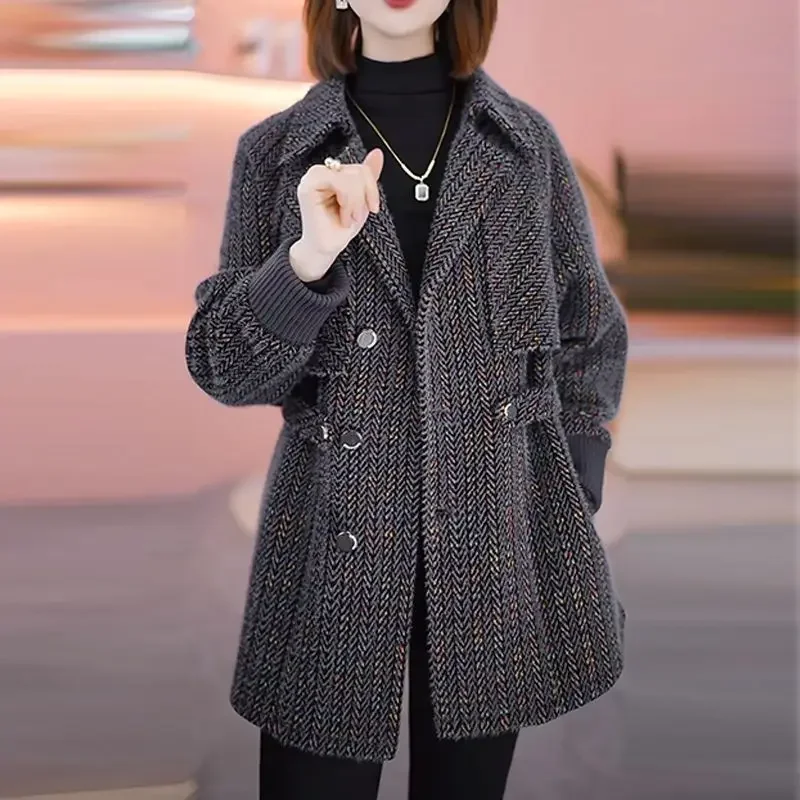 Temperament Woolen Jacket Women 2026 Mid-Length Autumn Winter New Thick Warm Suit Collar Slim Wool Coat Female Casual Ladies Top