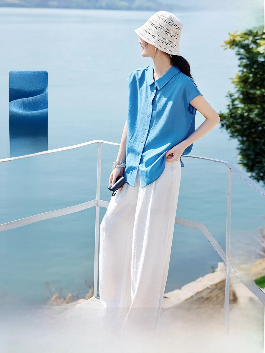 

XWI Summer Blue Shirt Women's Thin Unique Beautiful Slimming Shirt Casual Style Vacation Theme Rylee Fabric No Sleeve