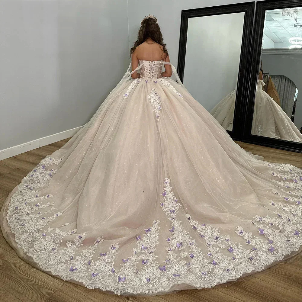 Angelsbridep Mexican Girls Lace Appliques Quinceanera Dresses Beaded 3D Butterfly Princess Sweet 16 Dress for Juniors Customized