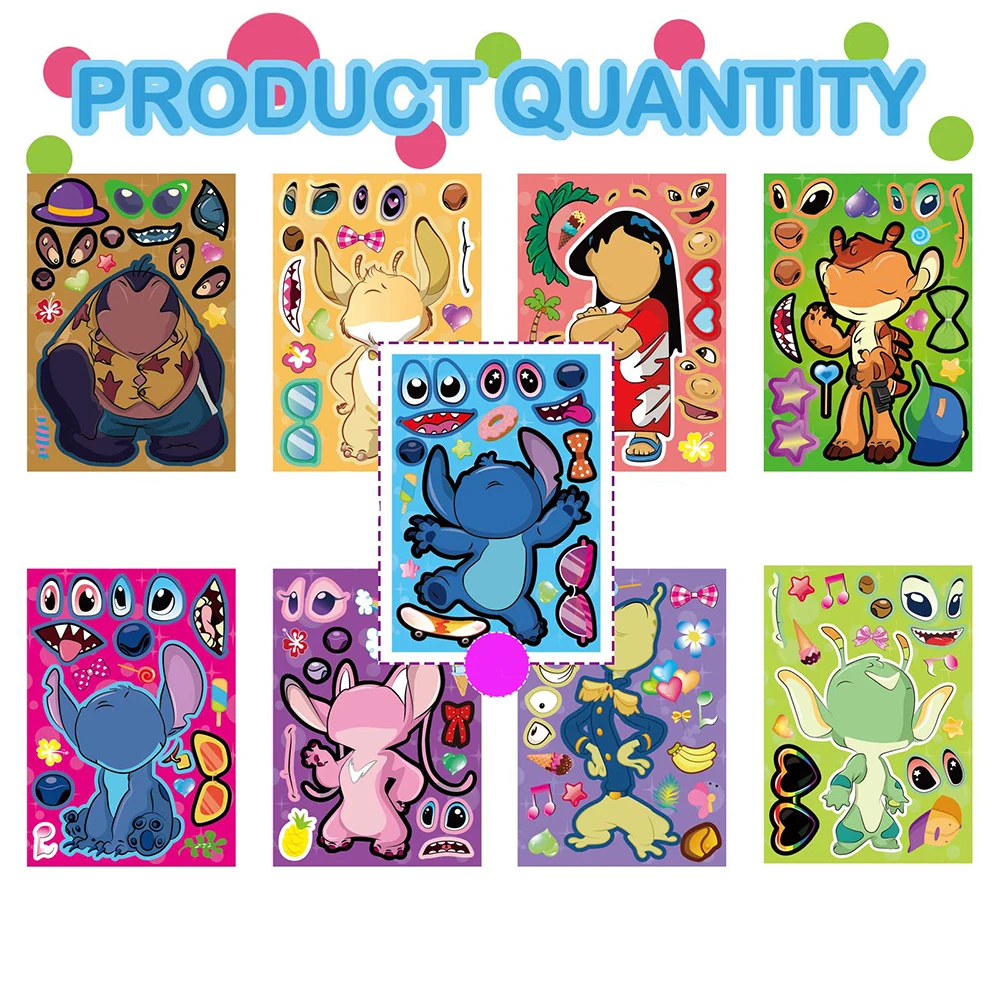 9/18Sheets Disney Stitch Kids Puzzle Stickers Make-a-Face DIY Assemble Jigsaw Children Party Game Decoration Gift Education Toys