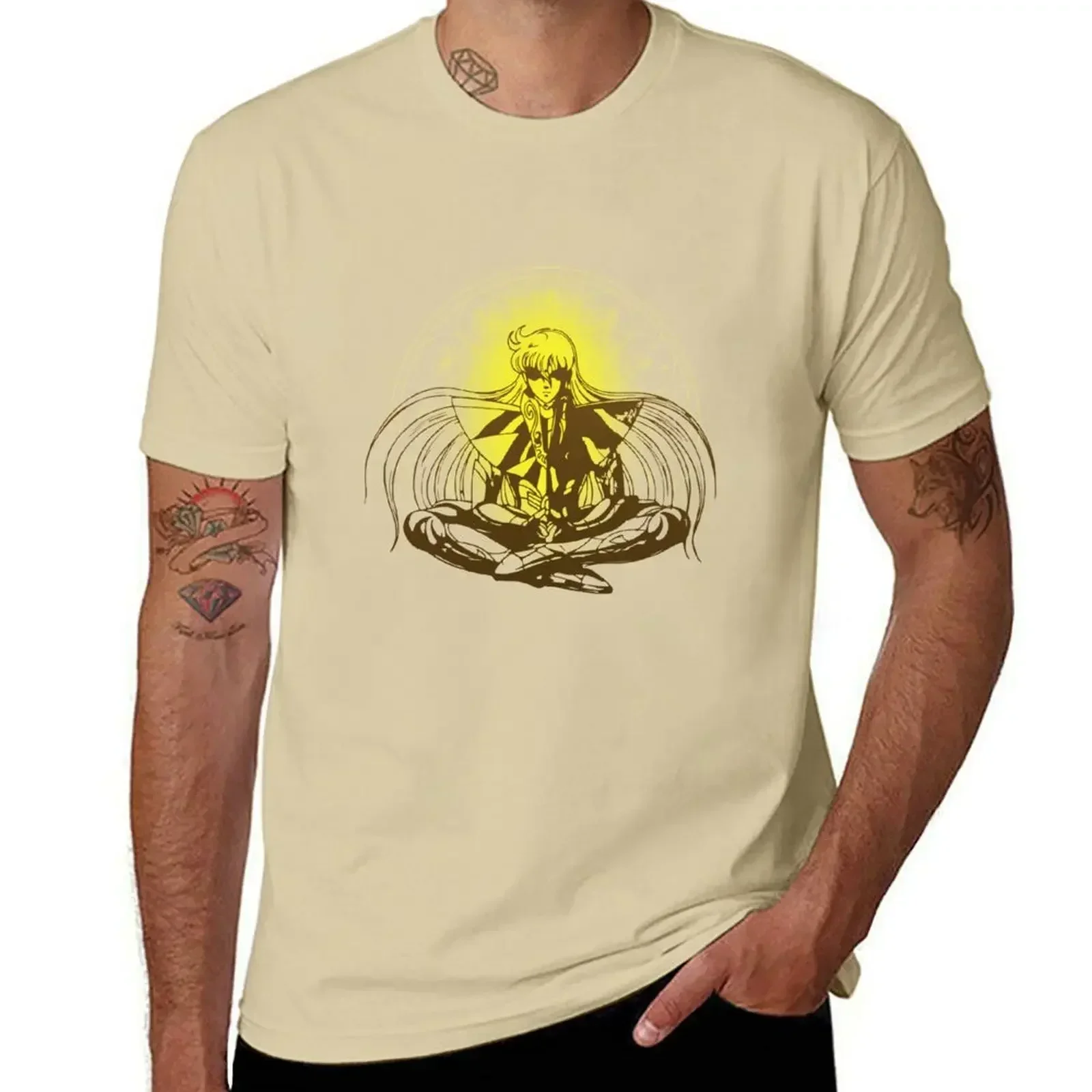 Camiseta Virgo Shaka Saint Seiya Zodiac Knights en naranja, camisetas con gráficos lisos de gran tamaño para hombre, manga corta de algodón