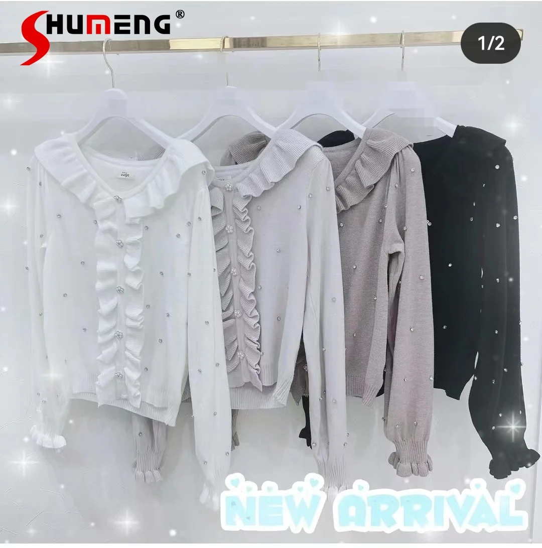 

Japanese Sweet Girl Full Rhinestones Sweaters 2023 Autumn and Winter New Kawaii Stringy Selvedge Stretchable Knitwear Mujer