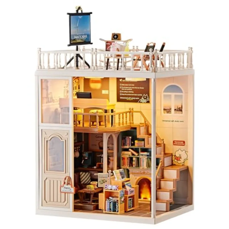 Kit de casa en miniatura DIY para mayores de 8 años - Biblioteca, tienda, sala de estudio con estanterías para la sala de café, terraza en el tejado, área de relajación, pequeño set de juego para construir