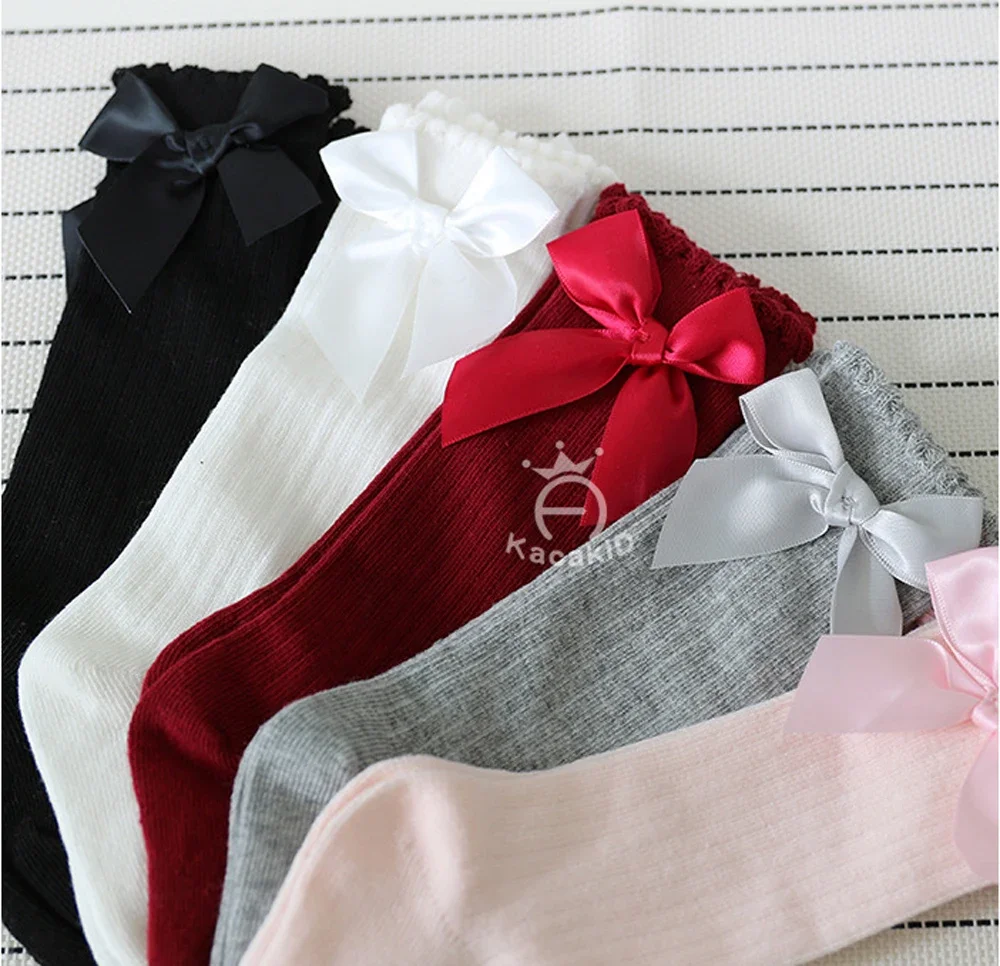 Combed Cotton Baby Socks Bow Lace Meia Baby Girls Sock Knee High Kids Infant Anti Slip Leg Warmers Socks Sweet Princess Sock