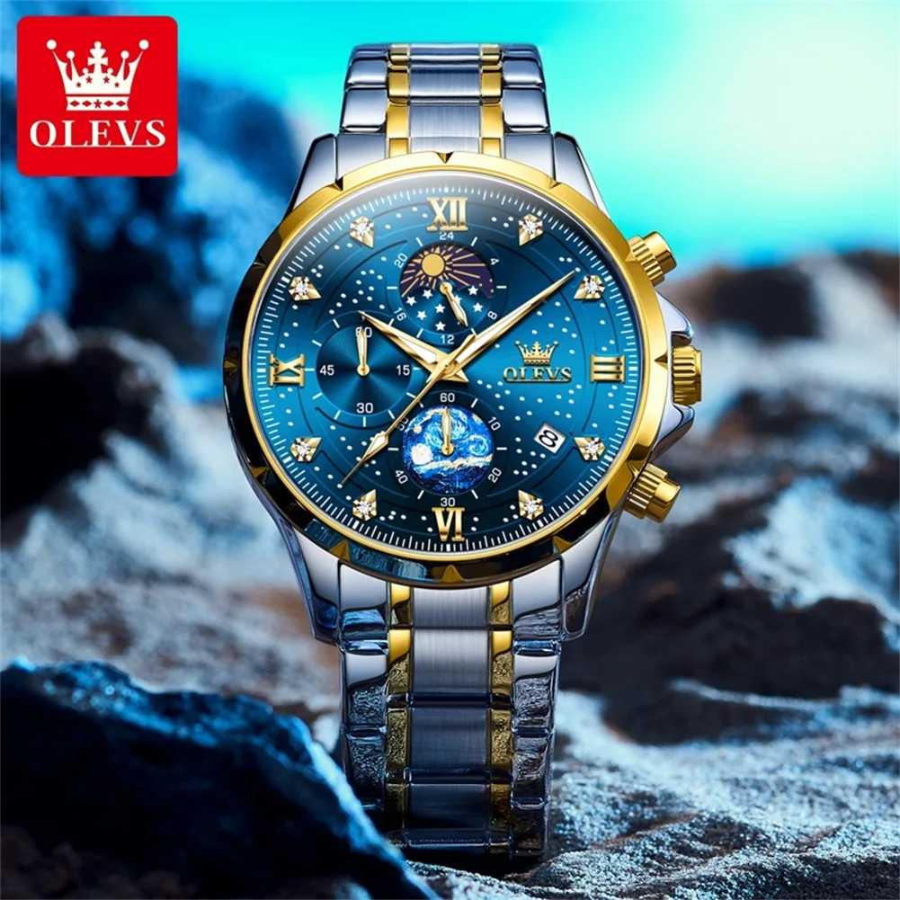 OLEVS 9807 Men\'s Watch Fashion Classic Luxury Moon Phase Waterproof Chronograph Starry Sky Dial Brand Original Men Quartz Watch