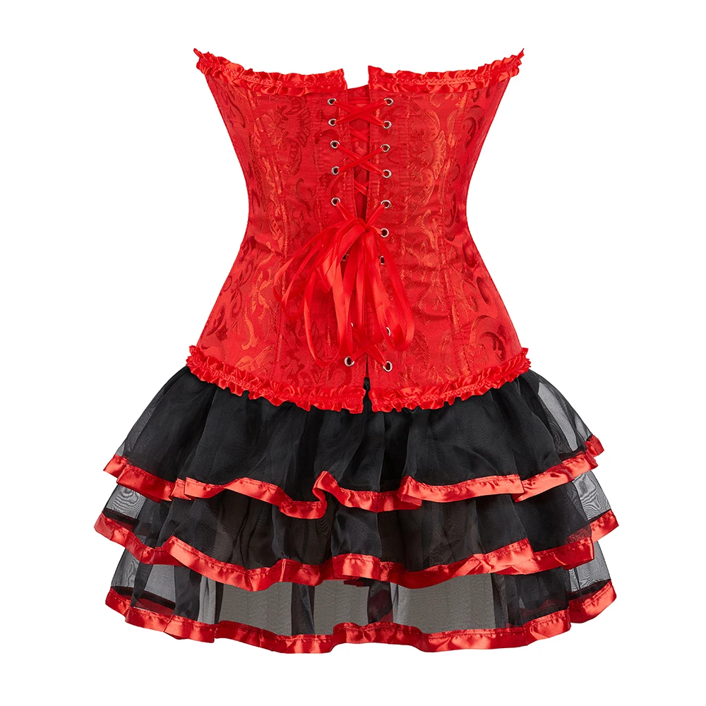 Red Overbust Corset Dress Set Outerwear Waist Bustier Top with Layered Mesh Mini Skirt