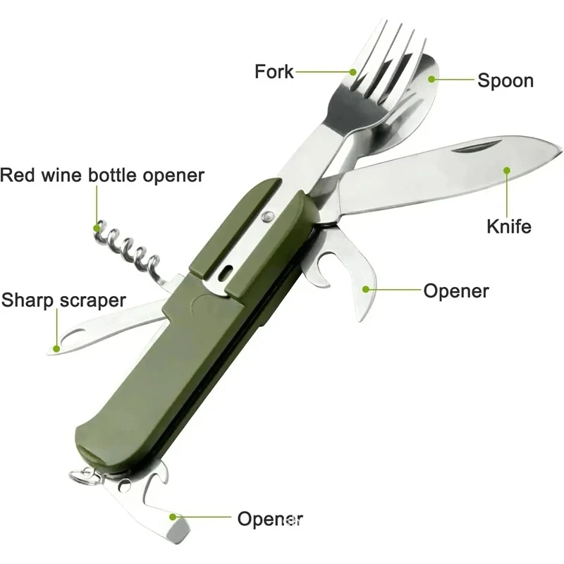 

7 In 1 Multifunctional Outdoor Tableware Stainless Steel Foldable Fork Spoon Knife Picnic Camping Hiking Travelling Dinnerware