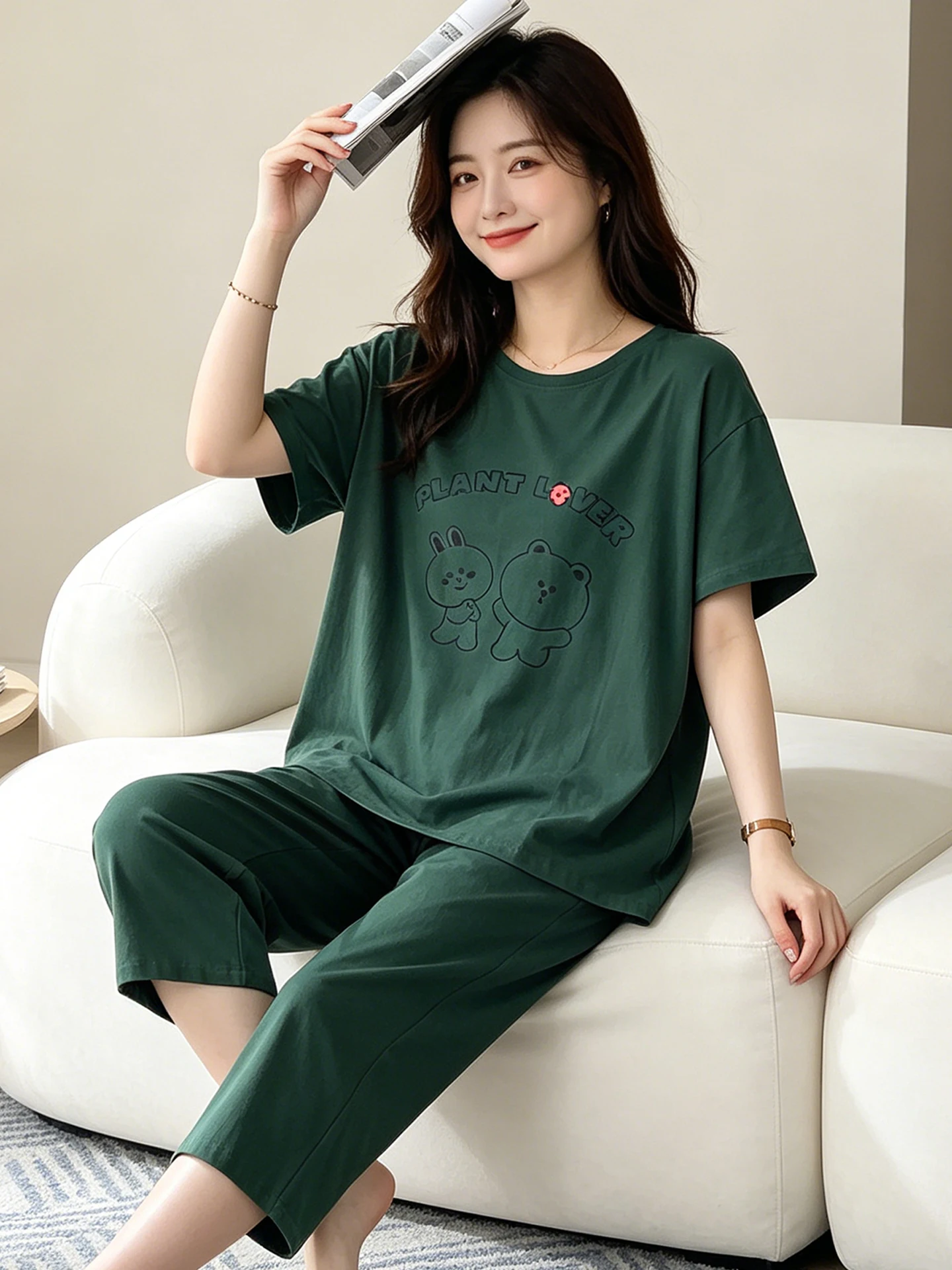 plus-size-women's-sleepwear-cotton-summer-thin-home-clothes-short-sleeve-round-neck-comfortable-breathable-loose-fit-pajamas