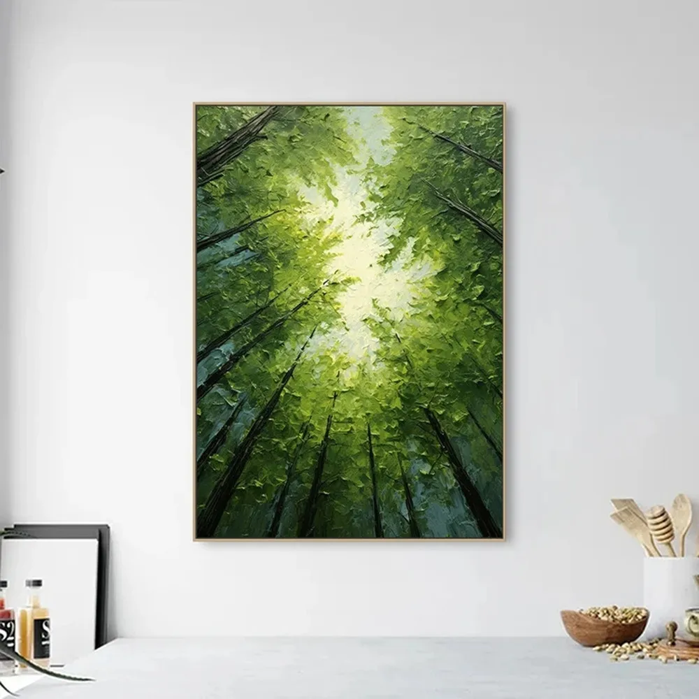 Original Green Forest 3D Abstract Textured Wall Skyward View Trees Art Living Room Natural Scenery Painting On Canvas