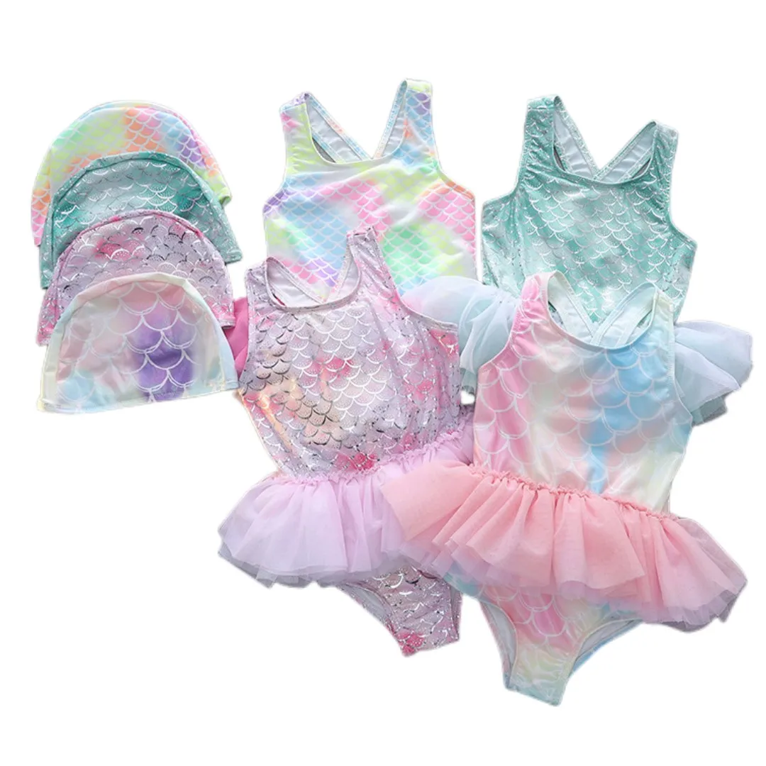 Girl TUTU Dress Swimsuits Sparkly Design Kids Beachwear With Swimcap Size 100-140 Little Girl Summer Beach Suits