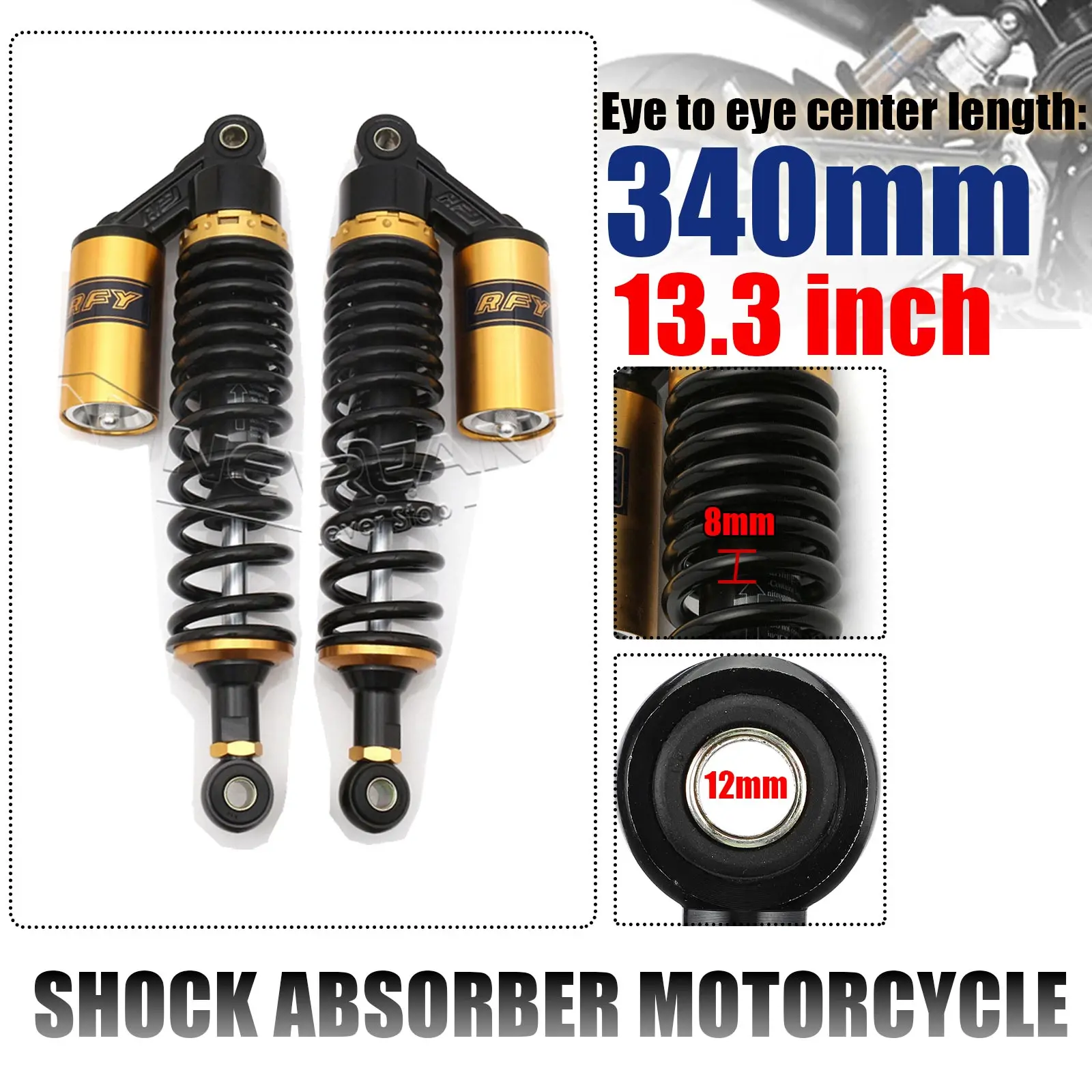 340mm Spring 8mm Air Shock Absorber Suspension Motorcycle Motorcross Bike Front Rear Falling Protection Accessories Moto Golden