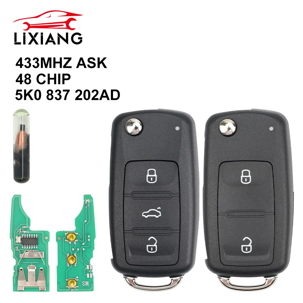 LIXIANG 2/3 Buttons Remote Car Key 434MHz ID48 Chip For VW Volkswagen GOLF PASSAT Tiguan Polo Jetta Beetle 5K0837202AD