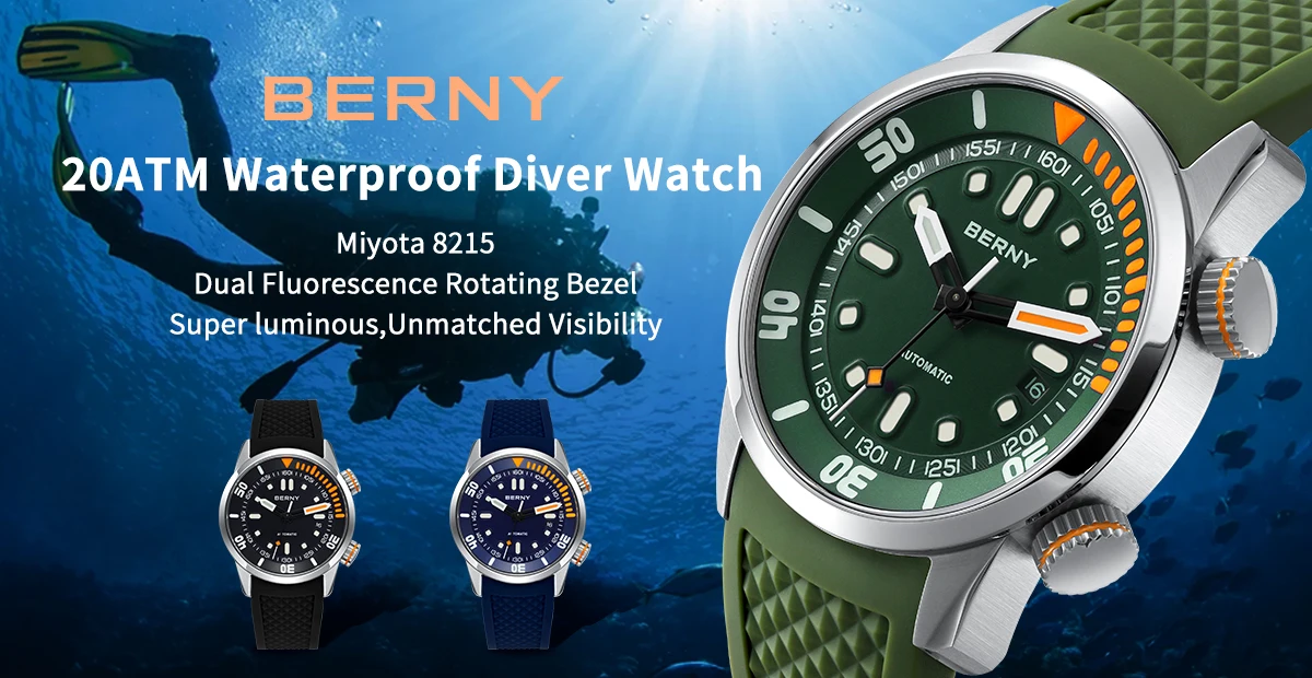 BERNY 20Bar Diver Männer Mechanische Uhr Miyota 8215 Super Leucht Saphir Schwimmen Automatische Selbst Wind Silikon Männer Armbanduhr – Detail 1