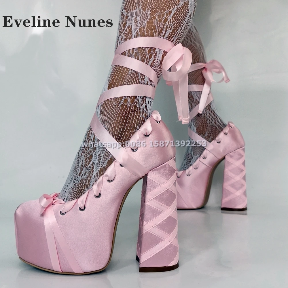 

Bow Cross Tied Platform Sandals Round Toe Chunky Heels Pink Satin Shallow Runway Shoes Large Size Party Sweet Shoes 2024 Summer