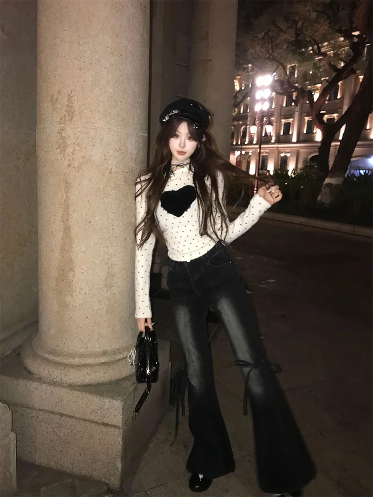 Black Bell Bottom Jeans Women's Slim Fit High Waist Denim Pants Sweet Cool Style Four Seasons Universal T20252216