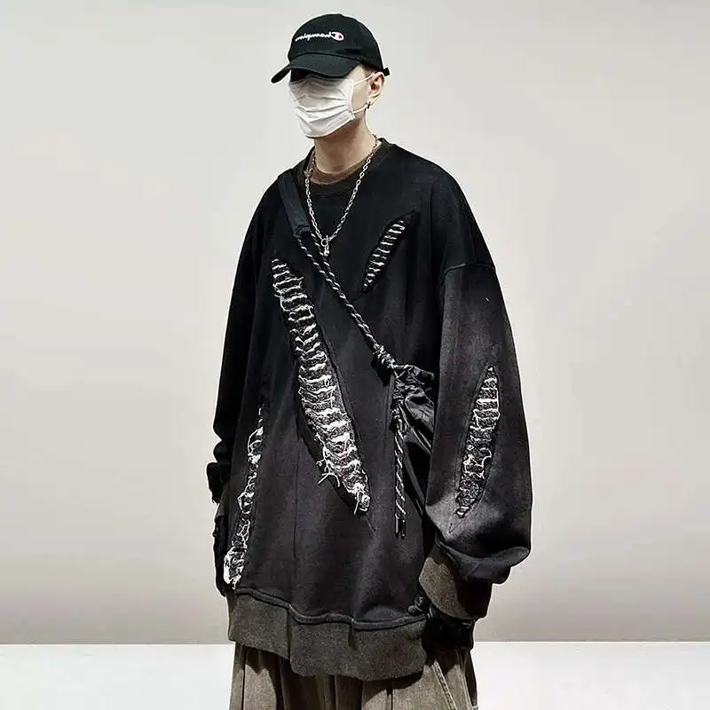 LUZHEN 2025 남성용 긴 소매 티셔츠, 찢어진 구멍, 타이 염색 디자인, 루즈 맨투맨, 패션 스트리트웨어, LZ8493, 신제품