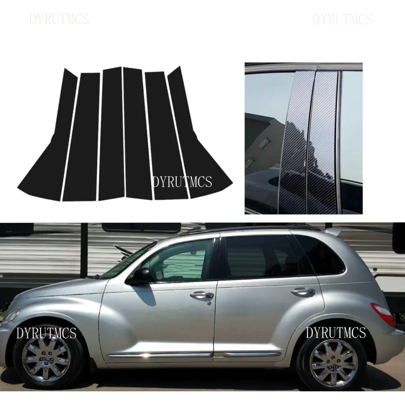 

6 шт., глянцевые черные стойки, серебристые карбоновые стойки, подходят для Dodge PT Cruiser 2000-2012, декоративная накладка на окно, боковая отделка двери