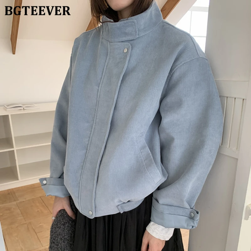 

BGTEEVER винтажные теплые свободные карманы женские вельветовые пальто осень-зима стильная женская куртка на молнии с длинным рукавом и воротником-стойкой