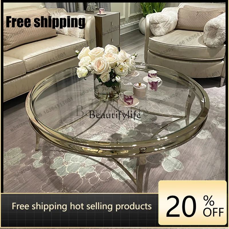 JJ -American light luxury coffee table living room round glass stainless steel balcony tea table