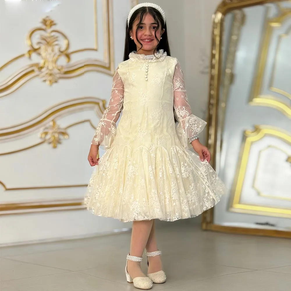 

Yellow Flower Girl dresses Lace Dress for girls O-neck Birthday Dress Cute Girl Princess Dress Long Sleeves Kids' dresses
