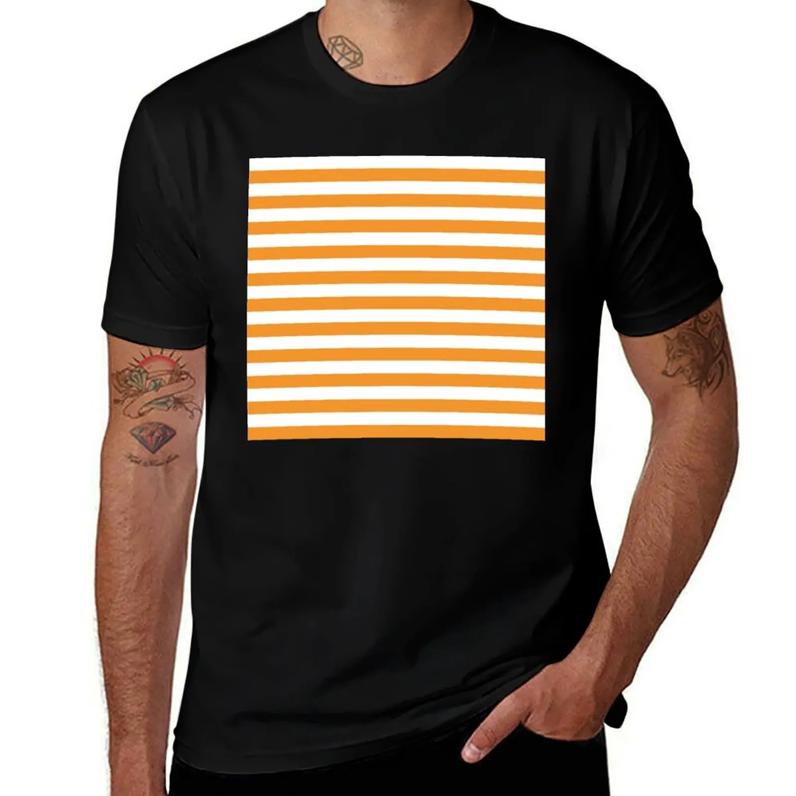 Small ORANGE and WHITE Horizontal STRIPES T-Shirt Novelty Print Casual Tee Shirt T-Shirt