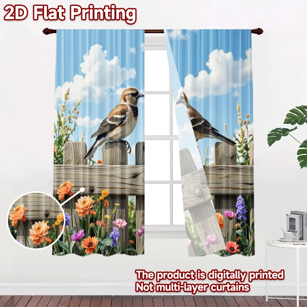2D flat 2pcs Curtain Home Short Curtains Two Birds on Fence Digitally printed polyester, colorfast Festive Wall Decor Perfect