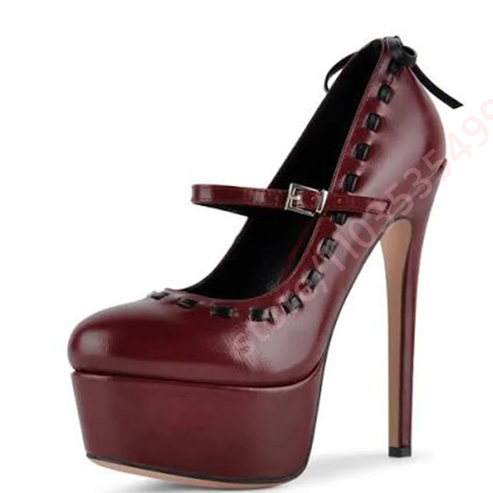 Women Platform Mary Jane Pumps 2026 Round Toe Stiletto Black Contrast Stitching Bow Ankle Strap Buckle Sweet Party Dress Shoes