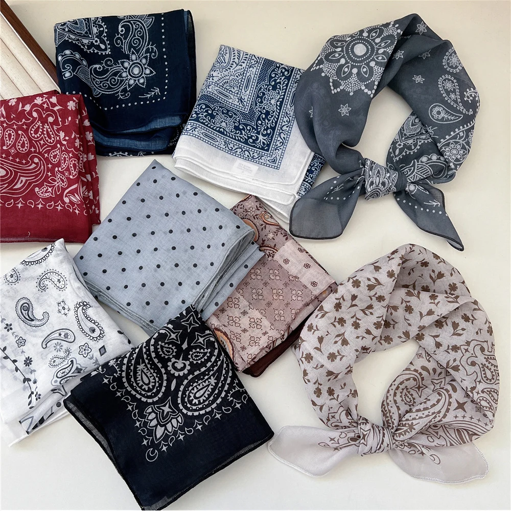 New Small Square Scarf Cotton Linen Neck Hair Scarf Headbands Floral Neck Scarves 58cm Head Scarf Hijab Bandanas Fashion Soft