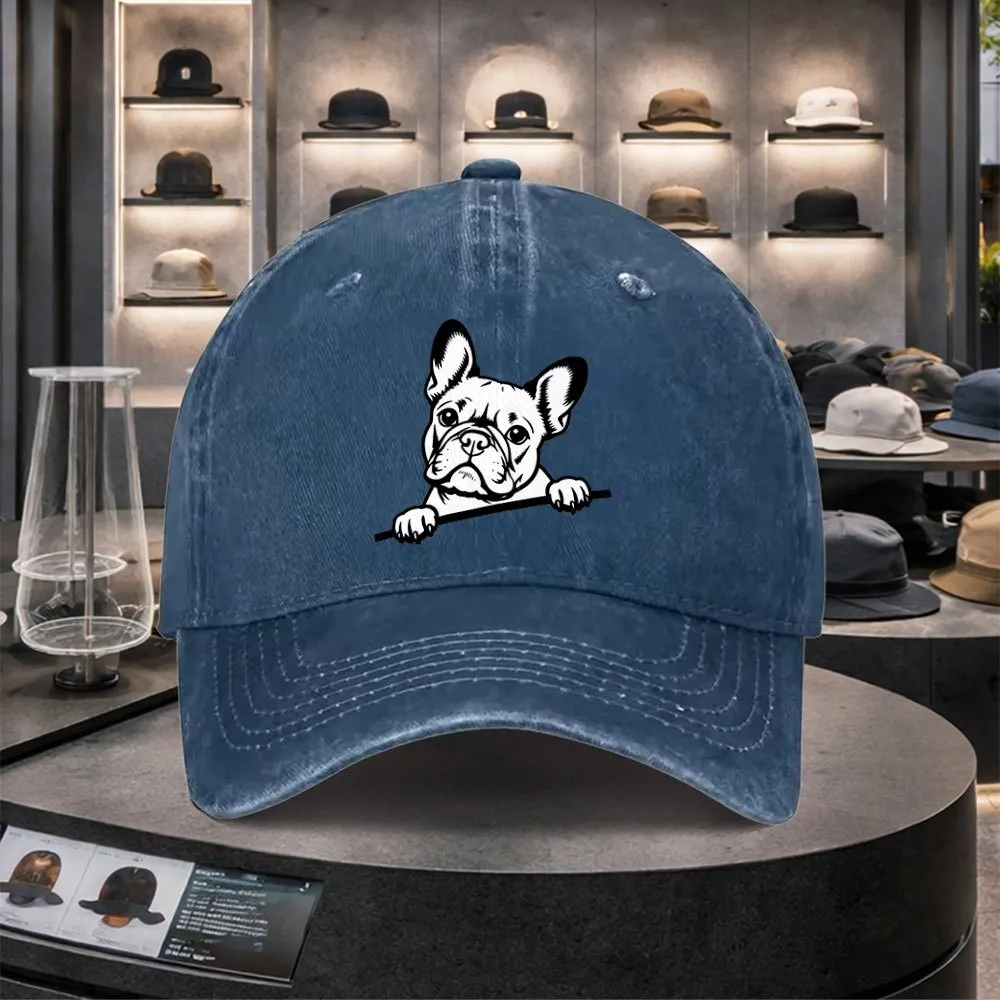 

French Bulldog Print Washed Denim Baseball Cap Unisex Adjustable Outdoor Casual Cotton Hat