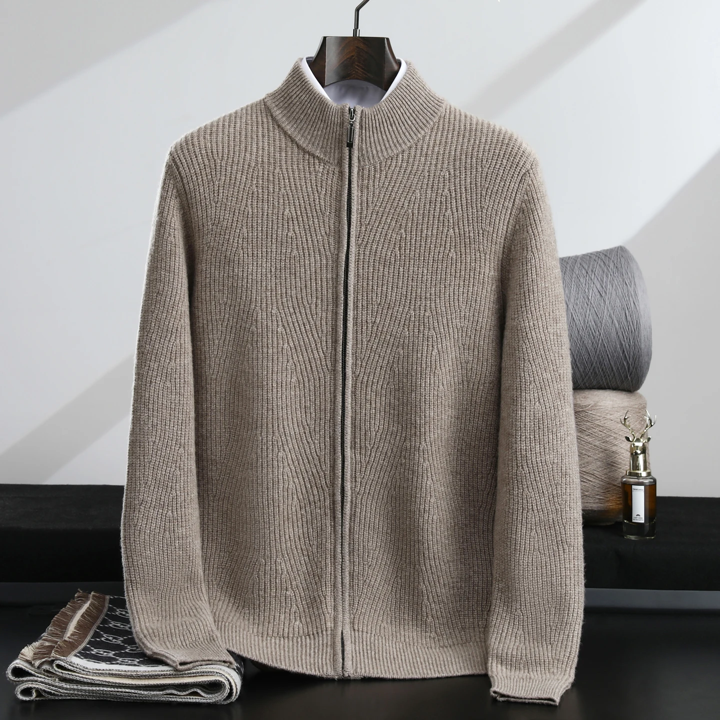 

Мужской осенне-зимний вязаный кардиган с воротником-стойкой, утолщенная однотонная куртка из 100% мериносовой шерсти, базовая куртка больших размеров, одежда