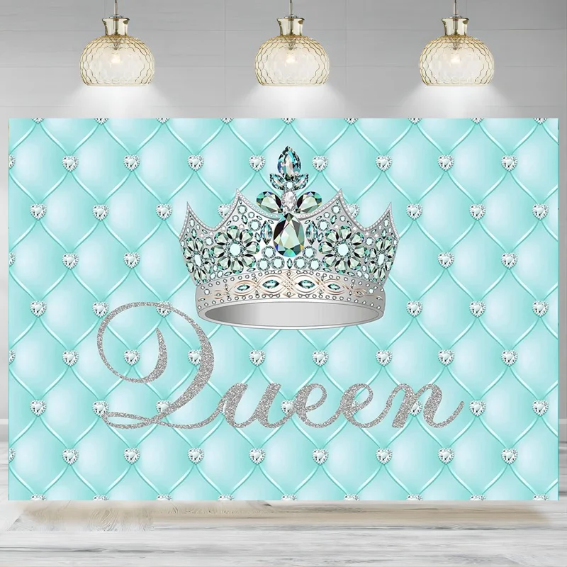 Crystal Crown Backdrop Diamond Crown Turquoise Photography Background Banner Queen 16th 18th 20th Birthday Party Bridal Shower