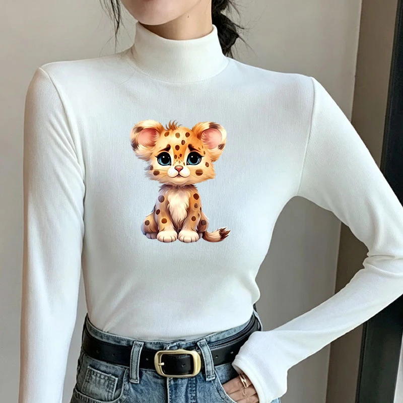 Winter Women's Thermal Brushed Fleece Half Mock Neck Long Sleeve T Shirt Cute Baby Leopard Sitting Graphic Warm Tee