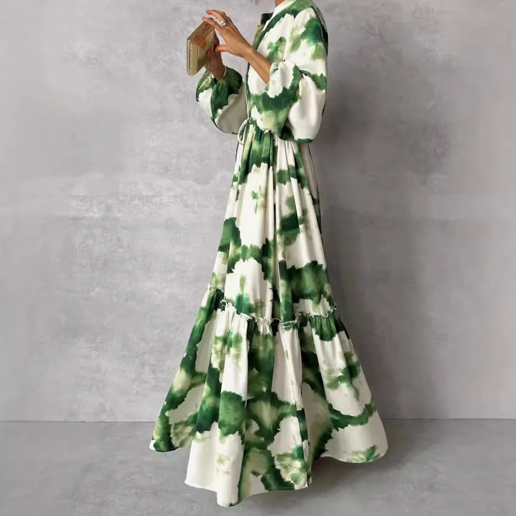 2024 Summer Elegant Women Maxi Dresses Fashion Green Print Long Sleeve V Neck Waist Adjustment Long Dress Female Party Vestido